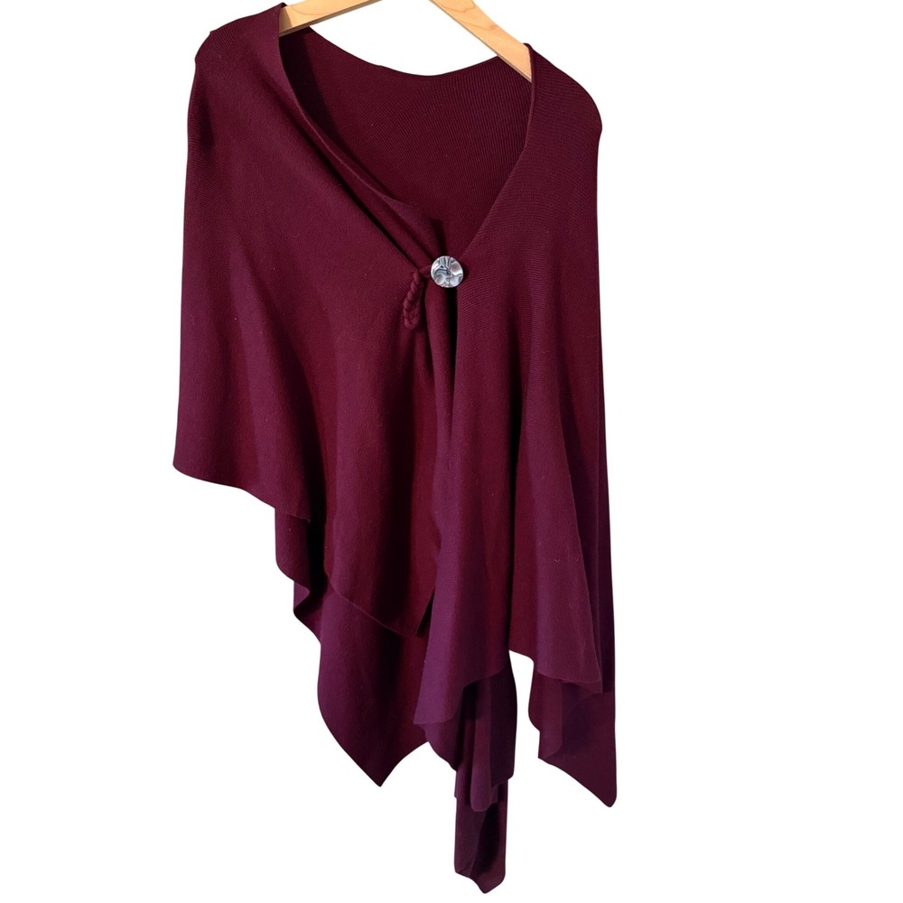 Puli Womens Burgundy Asymmetrical Knit Poncho Wrap Sweater Button Detail